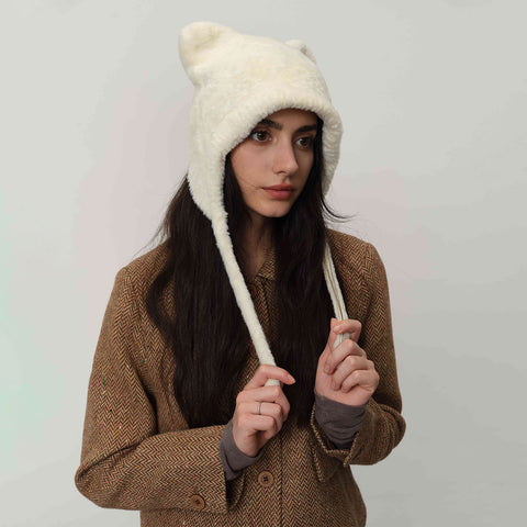Darrahopens Fashion > Women's Fashion > Women's Accessories White Fluffy Cat Ear Winter Earflap Hat Women Knitted Warm Cold Weather Cap