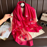 Darrahopens Fashion > Women's Fashion > Women's Accessories Wine red Elegant Embroidered Begonia Flower Long Scarf for Women - Beaded Faux Silk Shawl with Floral Design, Lightweight Sunscreen Wrap for Spring Autumn Daily Wear