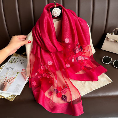 Darrahopens Fashion > Women's Fashion > Women's Accessories Wine red Elegant Embroidered Begonia Flower Long Scarf for Women - Beaded Faux Silk Shawl with Floral Design, Lightweight Sunscreen Wrap for Spring Autumn Daily Wear
