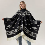 Darrahopens Fashion > Women's Fashion > Women's Accessories Wine red Women's Versatile Faux Cashmere Poncho Cape Shawl with Geometric Pattern & Fringe Trim - One Size