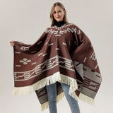 Darrahopens Fashion > Women's Fashion > Women's Accessories Wine red Women's Versatile Faux Cashmere Poncho Cape Shawl with Geometric Pattern & Fringe Trim - One Size