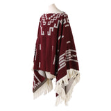 Darrahopens Fashion > Women's Fashion > Women's Accessories Wine red Women's Versatile Faux Cashmere Poncho Cape Shawl with Geometric Pattern & Fringe Trim - One Size
