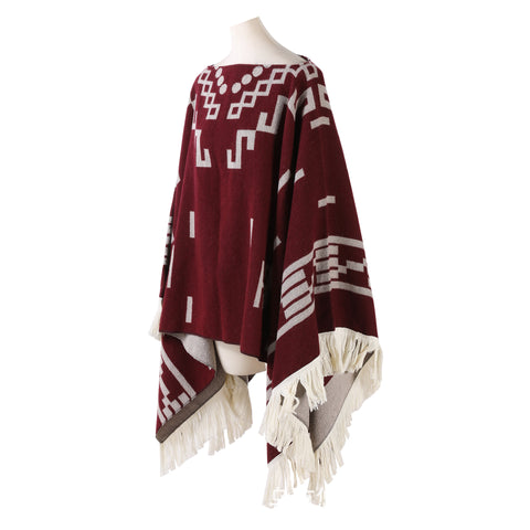 Darrahopens Fashion > Women's Fashion > Women's Accessories Wine red Women's Versatile Faux Cashmere Poncho Cape Shawl with Geometric Pattern & Fringe Trim - One Size