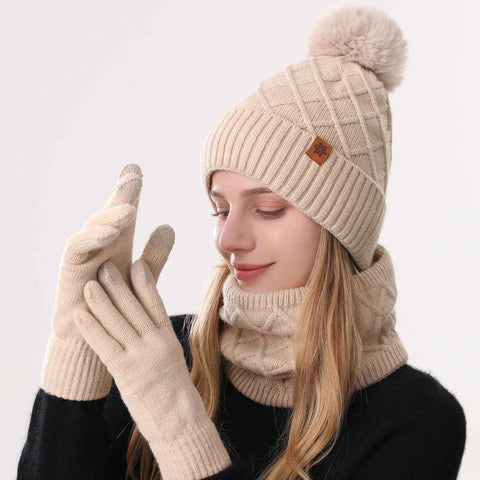 Women Beige Argyle 3-Piece Set-Hat Scarf and Gloves