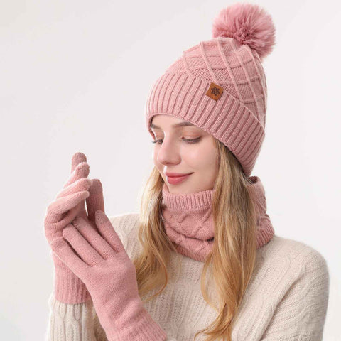 Women Pink Argyle 3-Piece Set-Hat Scarf and Gloves
