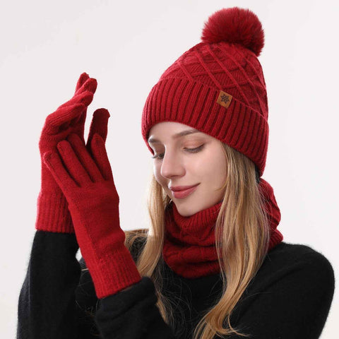 Women Red Argyle 3-Piece Set-Hat Scarf and Gloves