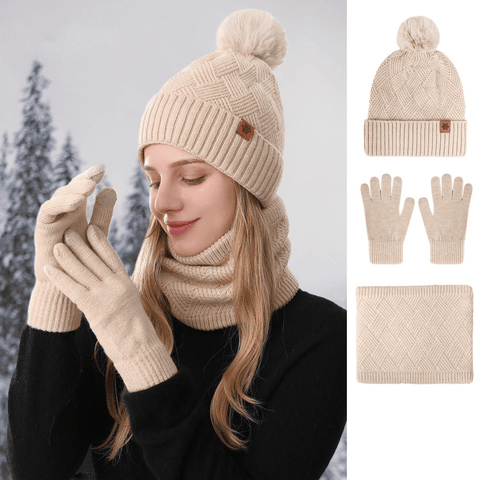 Darrahopens Fashion > Women's Fashion > Women's Accessories Women's Fashionable Winter 3-Piece Set: Knit Hat, Scarf, and Gloves.  A must-have for outdoor skiing and cycling—Beige
