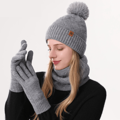 Darrahopens Fashion > Women's Fashion > Women's Accessories Women's Fashionable Winter 3-Piece Set: Knit Hat, Scarf, and Gloves.  A must-have for outdoor skiing and cycling—Gray