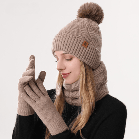 Darrahopens Fashion > Women's Fashion > Women's Accessories Women's Fashionable Winter 3-Piece Set: Knit Hat, Scarf, and Gloves.  A must-have for outdoor skiing and cycling - Khaki