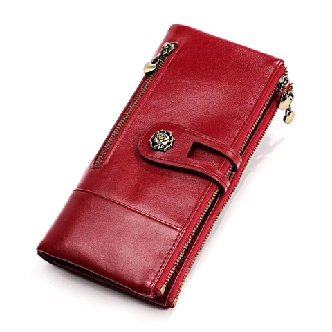 Darrahopens Fashion > Women's Fashion > Women's Accessories women's leather wallet, anti-skimming wallet, retro style wallet, Korean fashion wallet, long wallet for women, ladies accessory, RFID blocking wallet, genuine leather clutch - Red - Size L In Australia - Darrahopens