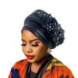 Darrahopens Fashion > Women's Fashion > Women's Accessories Women's Luxury Black Turban Hat with Beaded Floral Embellishments Pre-Tied African Style Headwrap for Weddings Parties & Special Occasions
