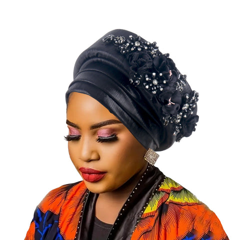 Darrahopens Fashion > Women's Fashion > Women's Accessories Women's Luxury Black Turban Hat with Beaded Floral Embellishments Pre-Tied African Style Headwrap for Weddings Parties & Special Occasions