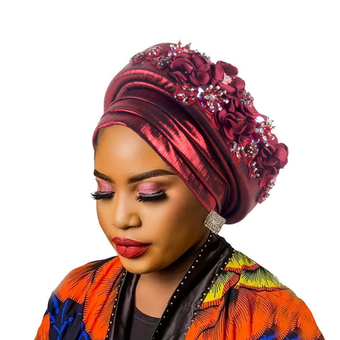 Darrahopens Fashion > Women's Fashion > Women's Accessories Women's Luxury Burgundy Turban Hat with Beaded Floral Embellishments Pre-Tied African Style Headwrap for Weddings Parties & Special Occasions