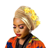 Darrahopens Fashion > Women's Fashion > Women's Accessories Women's Luxury Gold Turban Hat with Beaded Floral Embellishments Pre-Tied African Style Headwrap for Weddings Parties & Special Occasions