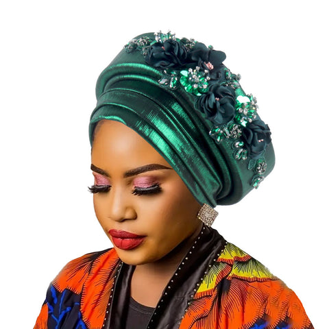 Darrahopens Fashion > Women's Fashion > Women's Accessories Women's Luxury Green Turban Hat with Beaded Floral Embellishments Pre-Tied African Style Headwrap for Weddings Parties & Special Occasions