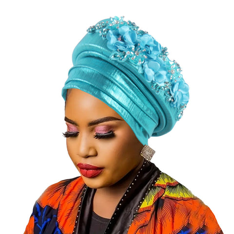 Darrahopens Fashion > Women's Fashion > Women's Accessories Women's Luxury Lake Blue Turban Hat with Beaded Floral Embellishments Pre-Tied African Style Headwrap for Weddings Parties & Special Occasions