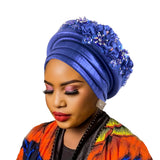 Darrahopens Fashion > Women's Fashion > Women's Accessories Women's Luxury Navy Blue Turban Hat with Beaded Floral Embellishments Pre-Tied African Style Headwrap for Weddings Parties & Special Occasions
