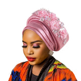 Darrahopens Fashion > Women's Fashion > Women's Accessories Women's Luxury Pink Turban Hat with Beaded Floral Embellishments Pre-Tied African Style Headwrap for Weddings Parties & Special Occasions