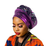Darrahopens Fashion > Women's Fashion > Women's Accessories Women's Luxury Purple Turban Hat with Beaded Floral Embellishments Pre-Tied African Style Headwrap for Weddings Parties & Special Occasions