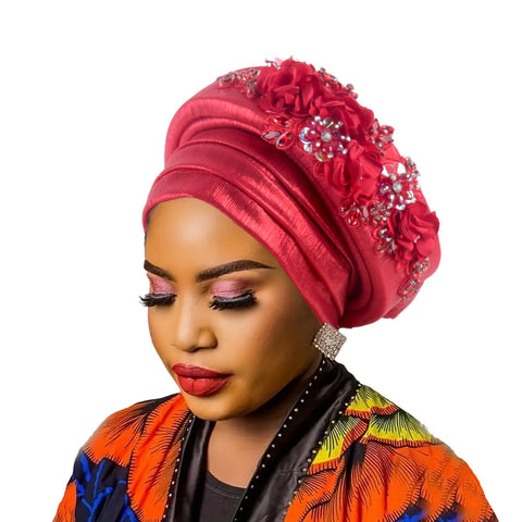 Darrahopens Fashion > Women's Fashion > Women's Accessories Women's Luxury Red Turban Hat with Beaded Floral Embellishments Pre-Tied African Style Headwrap for Weddings Parties & Special Occasions