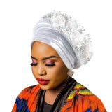 Darrahopens Fashion > Women's Fashion > Women's Accessories Women's Luxury Silver Turban Hat with Beaded Floral Embellishments Pre-Tied African Style Headwrap for Weddings Parties & Special Occasions