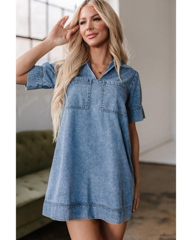 Darrahopens Fashion > Women's Fashion > Women's Dresses & Playsuits Beau Blue Short Sleeve Collared Patched Pocket Denim Mini Dress - L