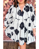 Darrahopens Fashion > Women's Fashion > Women's Dresses & Playsuits Black Plus Size Floral 3/4 Puff Sleeve Lace-up Neck Mini Dress - 2X