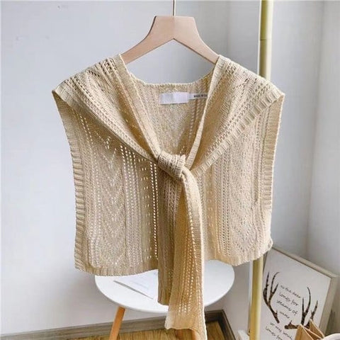 Darrahopens Fashion > Women's Fashion > Women's Dresses & Playsuits Knitted Openwork Shoulder Dress - Lightweight Cardigan & Scarf in One - Solid Color Goes With Everything - Beige