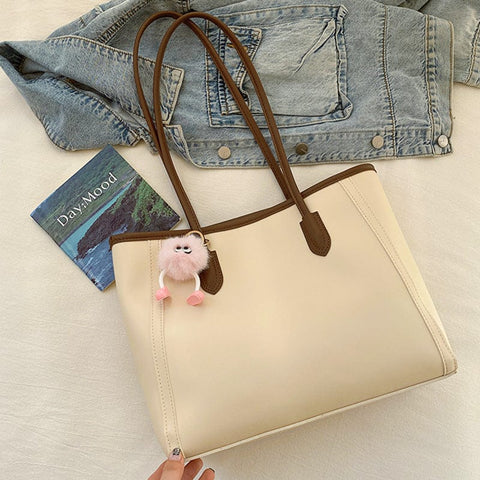 Darrahopens Fashion > Women's Fashion > Women's Handbags Beige and Brown Chic Large Capacity Tote Bag - PU Leather Commuter Shoulder Handbag for Women