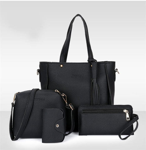 Darrahopens Fashion > Women's Fashion > Women's Handbags Black 4-Piece Women Bag Set Lychee Grain PU Leather Large Capacity Tote Shoulder Bag Crossbody Clutch and Card Holder for Daily Travel and Work Use