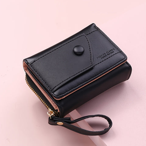 Darrahopens Fashion > Women's Fashion > Women's Handbags Black Chic Compact Trifold Wallet for Women - PU Leather Card Holder with Zipper Coin Purse & Wristlet Strap
