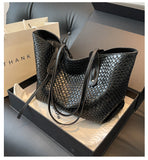 Darrahopens Fashion > Women's Fashion > Women's Handbags Black Chic Woven PU Leather Tote Bag - Large Capacity Casual Shoulder & Handbag for Women