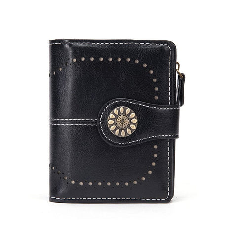 Darrahopens Fashion > Women's Fashion > Women's Handbags Black Korean Style Cutout Compact PU Leather Wallet - Women's Mini Bifold Purses with 8 Card Slots, 2 ID Window & Coin Zip Pocket