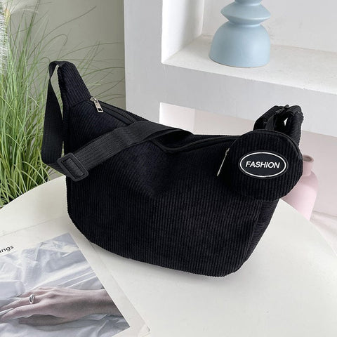 Darrahopens Fashion > Women's Fashion > Women's Handbags Black Minimalist Corduroy Crossbody Bag – Large Capacity Single Shoulder & Diagonal Sling Bag in Korean Style