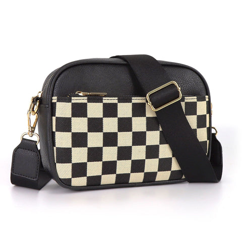 Darrahopens Fashion > Women's Fashion > Women's Handbags Black Stylish Checkerboard Crossbody Camera Bag - PU Leather with Adjustable Wide Strap