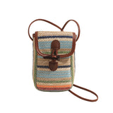 Darrahopens Fashion > Women's Fashion > Women's Handbags Blue And Khaki Boho Chic Woven Straw Crossbody Bag - Colourful Striped Mini Phone Pouch with Toggle Closure