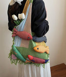 Darrahopens Fashion > Women's Fashion > Women's Handbags Boho Knit Tote Bag with 3D Fish Applique – Patchwork Shoulder Bag for Women, Beach, Travel & Daily Use – Soft Fringe Design (Green)