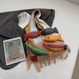 Darrahopens Fashion > Women's Fashion > Women's Handbags Boho Knit Tote Bag with 3D Fish Applique – Patchwork Shoulder Bag for Women, Beach, Travel & Daily Use – Soft Fringe Design (Green)