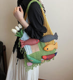 Darrahopens Fashion > Women's Fashion > Women's Handbags Boho Knit Tote Bag with 3D Fish Applique – Patchwork Shoulder Bag for Women, Beach, Travel & Daily Use – Soft Fringe Design (Green)