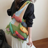 Darrahopens Fashion > Women's Fashion > Women's Handbags Boho Knit Tote Bag with 3D Fish Applique – Patchwork Shoulder Bag for Women, Beach, Travel & Daily Use – Soft Fringe Design (Green)