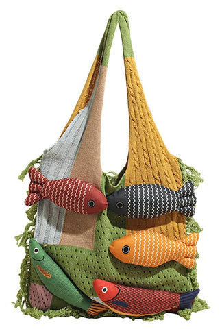 Darrahopens Fashion > Women's Fashion > Women's Handbags Boho Knit Tote Bag with 3D Fish Applique – Patchwork Shoulder Bag for Women, Beach, Travel & Daily Use – Soft Fringe Design (Green)