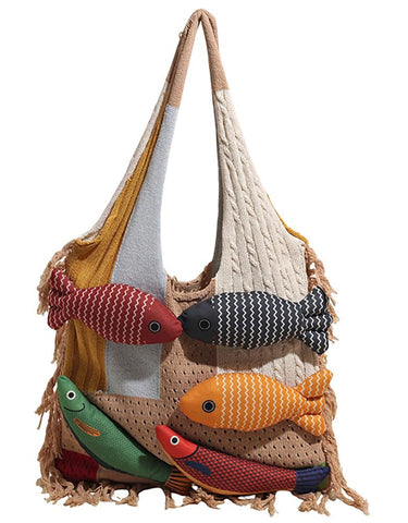 Darrahopens Fashion > Women's Fashion > Women's Handbags Boho Knit Tote Bag with 3D Fish Applique – Patchwork Shoulder Bag for Women, Beach, Travel & Daily Use – Soft Fringe Design (Khaki)