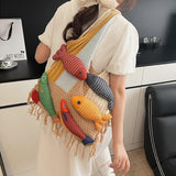 Darrahopens Fashion > Women's Fashion > Women's Handbags Boho Knit Tote Bag with 3D Fish Applique – Patchwork Shoulder Bag for Women, Beach, Travel & Daily Use – Soft Fringe Design (Khaki)