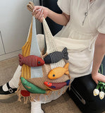 Darrahopens Fashion > Women's Fashion > Women's Handbags Boho Knit Tote Bag with 3D Fish Applique – Patchwork Shoulder Bag for Women, Beach, Travel & Daily Use – Soft Fringe Design (Khaki)