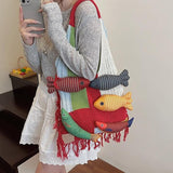 Darrahopens Fashion > Women's Fashion > Women's Handbags Boho Knit Tote Bag with 3D Fish Applique – Patchwork Shoulder Bag for Women, Beach, Travel & Daily Use – Soft Fringe Design (Red)