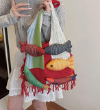 Darrahopens Fashion > Women's Fashion > Women's Handbags Boho Knit Tote Bag with 3D Fish Applique – Patchwork Shoulder Bag for Women, Beach, Travel & Daily Use – Soft Fringe Design (Red)