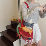 Darrahopens Fashion > Women's Fashion > Women's Handbags Boho Knit Tote Bag with 3D Fish Applique – Patchwork Shoulder Bag for Women, Beach, Travel & Daily Use – Soft Fringe Design (Red)