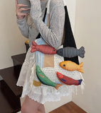 Darrahopens Fashion > Women's Fashion > Women's Handbags Boho Knit Tote Bag with 3D Fish Applique – Patchwork Shoulder Bag for Women, Beach, Travel & Daily Use – Soft Fringe Design (White)