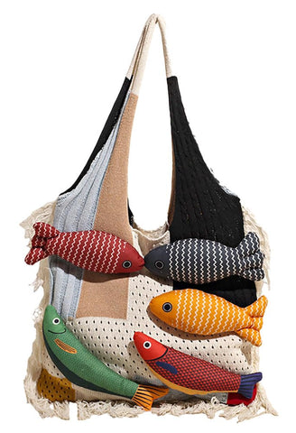 Darrahopens Fashion > Women's Fashion > Women's Handbags Boho Knit Tote Bag with 3D Fish Applique – Patchwork Shoulder Bag for Women, Beach, Travel & Daily Use – Soft Fringe Design (White)