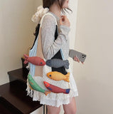 Darrahopens Fashion > Women's Fashion > Women's Handbags Boho Knit Tote Bag with 3D Fish Applique – Patchwork Shoulder Bag for Women, Beach, Travel & Daily Use – Soft Fringe Design (White)